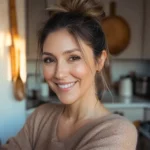 Smiling female chef in a cozy kitchen, ready to create delicious homemade recipes