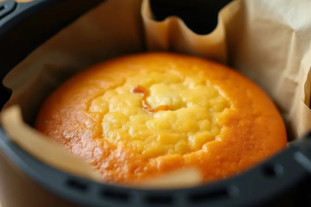 Air Fryer Cake: Yep, You Can Bake a Cake in That Thing (And It’s Amazing) 14 air fryer cake baked in round cake tin inside fryer