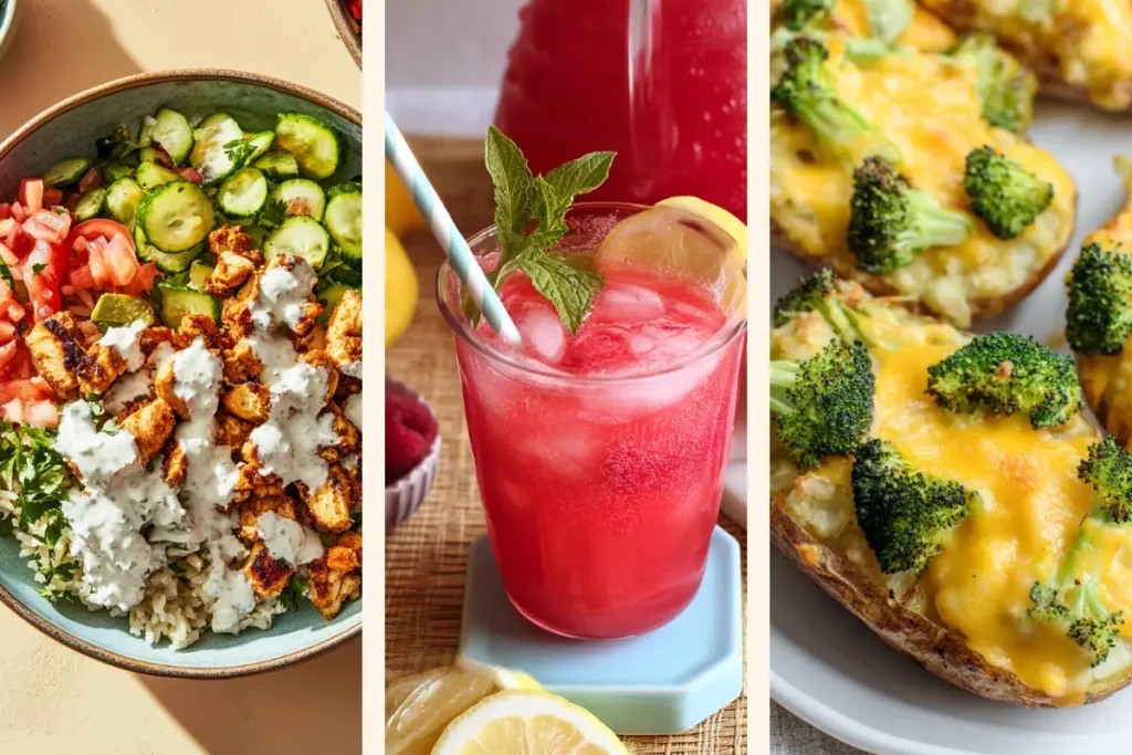 Healthy chicken rice bowl, refreshing raspberry lemonade, and baked broccoli stuffed potatoes