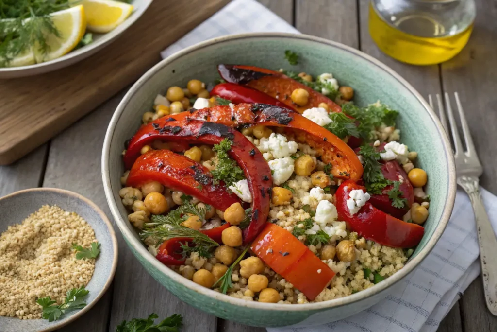 Roasted Pepper Salad with quinoa, chickpeas, and feta