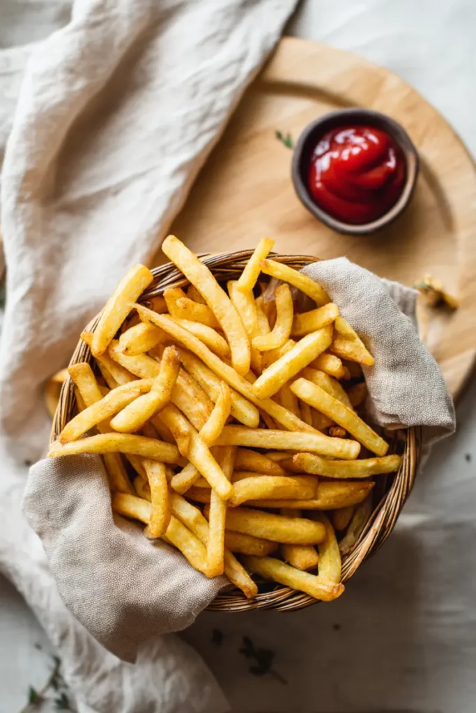 Air Fryer Frozen French Fries: What You’re Doing Wrong Right Now 15 Basket of golden French fries with a side of ketchup on wood surface