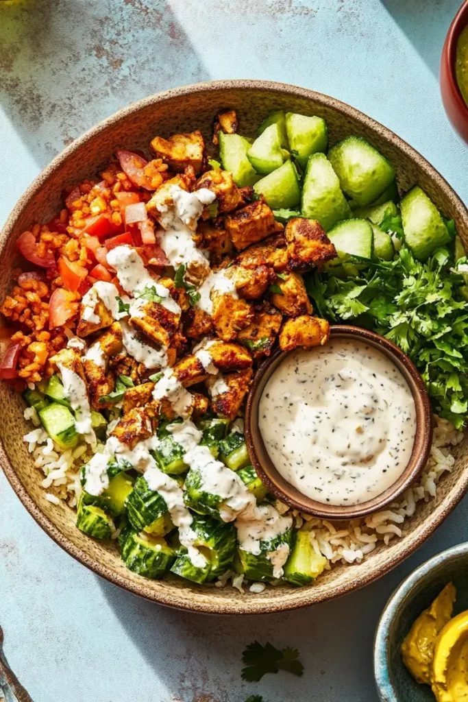 Teriyaki Chicken Crispy Rice Salad: A Stunning Twist You’ll Love 6 Chicken Shawarma Rice Bowl with Cucumber, Tomato, and Fresh Herbs