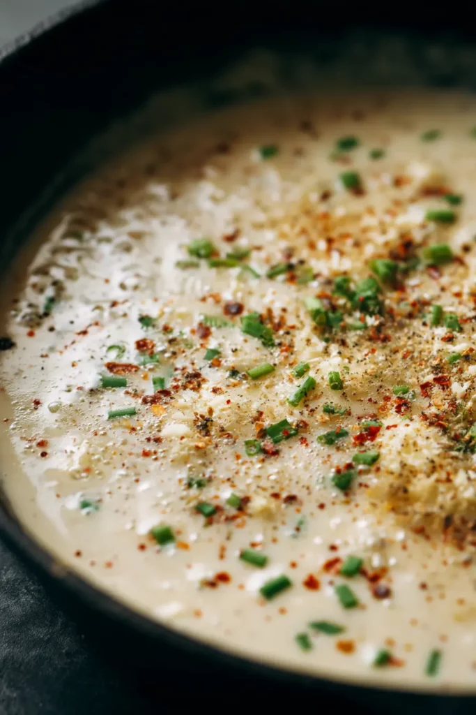 Garlic Parmesan Chicken and Gravy 18 Creamy garlic parmesan sauce simmering in skillet with butter, cream, and herbs