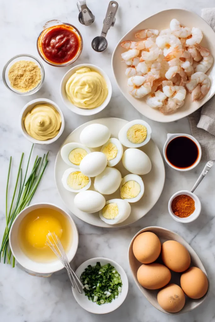 Firecracker Shrimp Deviled Eggs Everyone Will Love Instantly 14 Overhead view of firecracker shrimp deviled eggs ingredients including shrimp, eggs, mayo, mustard, relish, hot sauce, and Cajun seasoning