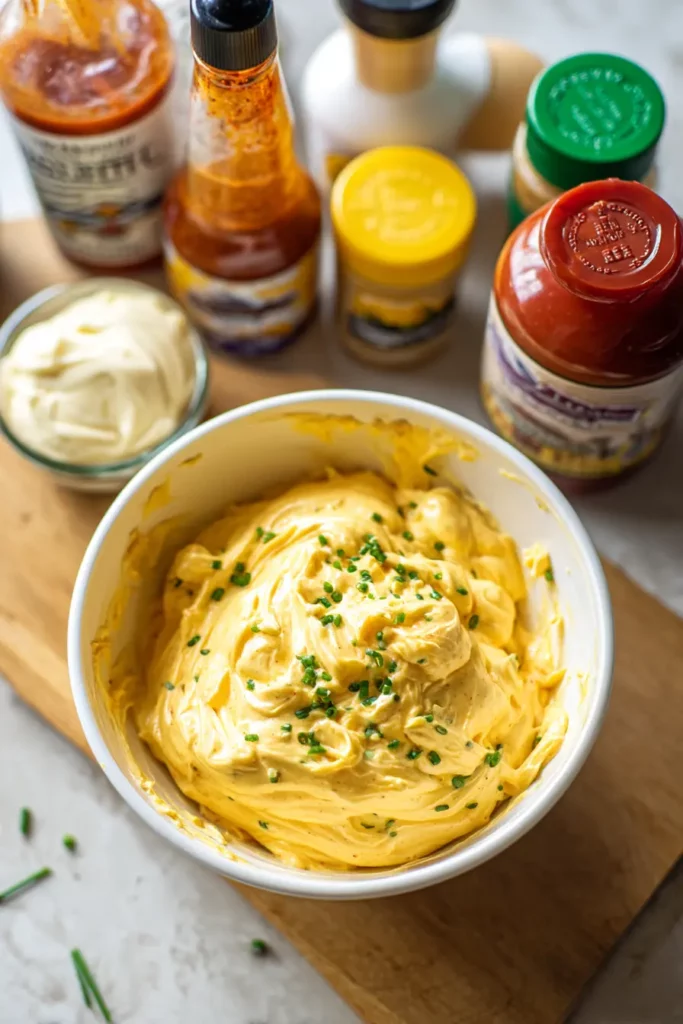 Firecracker Shrimp Deviled Eggs Everyone Will Love Instantly 16 Creamy deviled egg yolk mixture with chives and seasoning in a white bowl