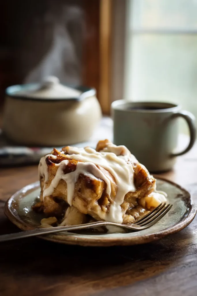 Crock Pot Cinnamon Rolls with Apple That You’ll Love Forever 13 Single cinnamon roll with frosting on a rustic plate next to hot coffee
