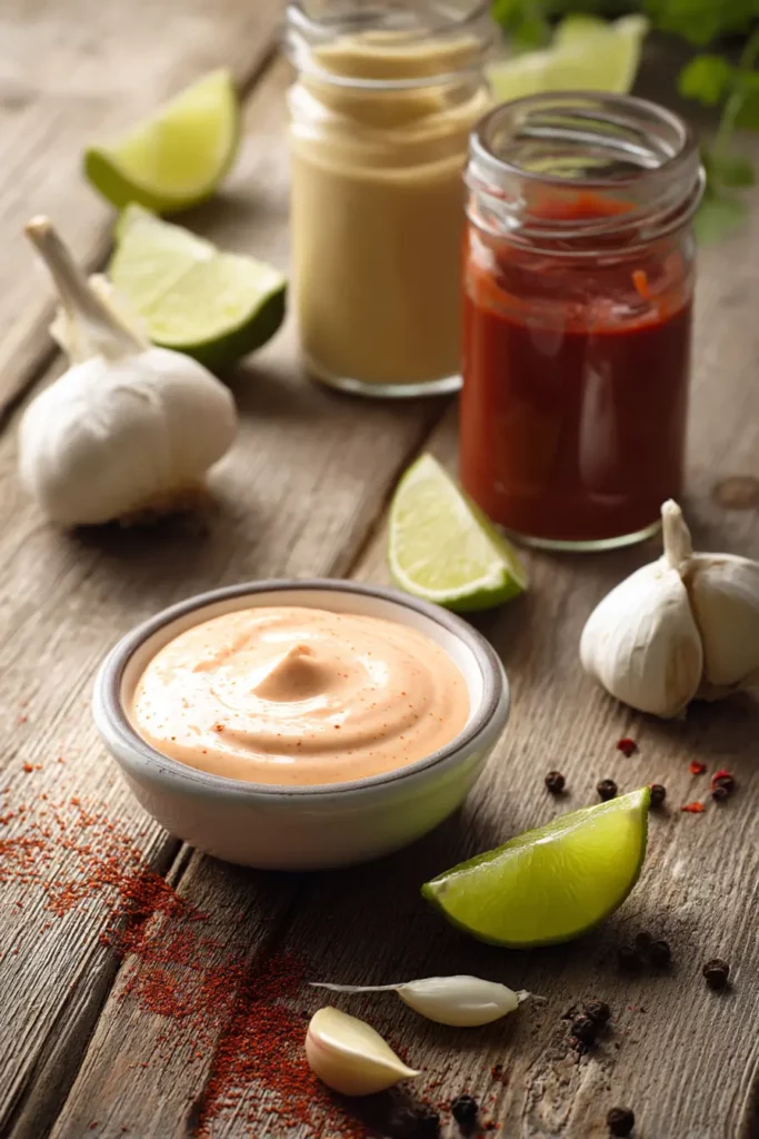 Firecracker Shrimp Deviled Eggs Everyone Will Love Instantly 23 Boom boom sauce in white dipping bowl with garlic, lime, and chili powder