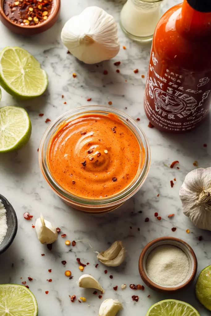 Firecracker Shrimp Deviled Eggs Everyone Will Love Instantly 17 Bold firecracker sauce in glass bowl with chili flakes, garlic, lime, and Sriracha