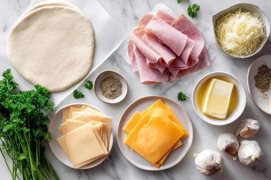 Ham And Cheese Pizza Rolls: The Truth About This Crave 2 Modern flat lay of ham and cheese pizza roll ingredients