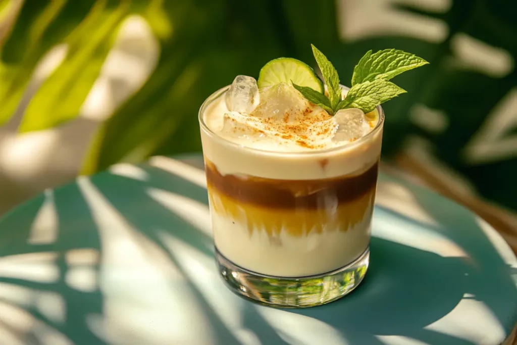 Brazilian Coffee Mocktail: The Hidden Joy You Need 11 Creamy tropical coffee mocktail with lime and mint on blue table
