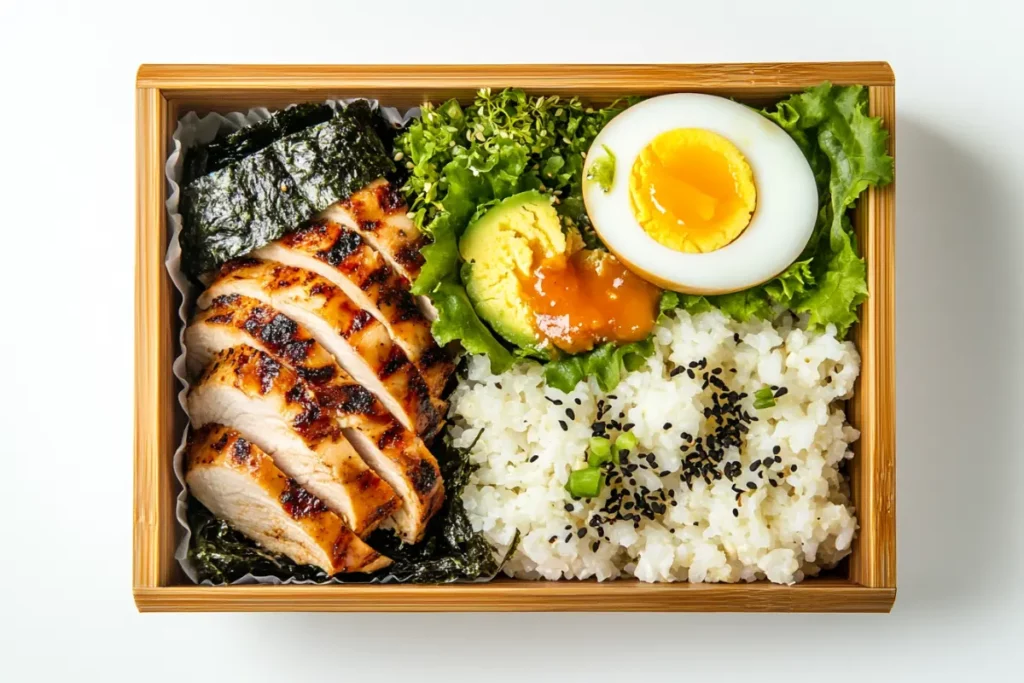 Mounjaro bento box with grilled chicken, egg, greens, and cauliflower rice