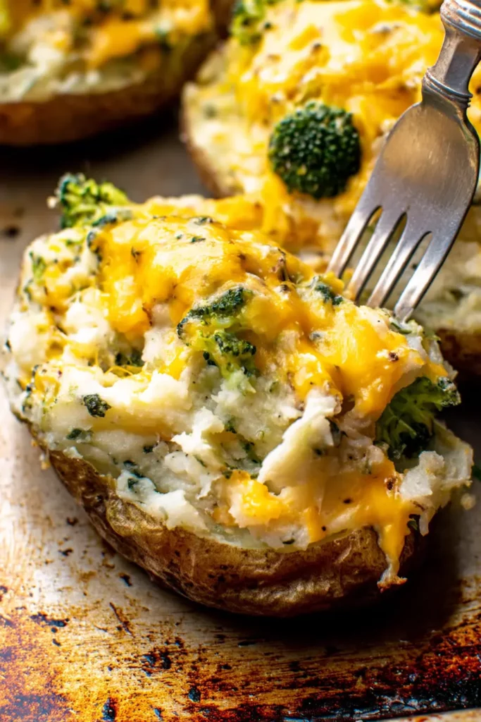 The Truth About Broccoli Cheddar Twice Baked Potatoes 1 Fork fluffing a broccoli cheddar twice baked potato with melted cheese