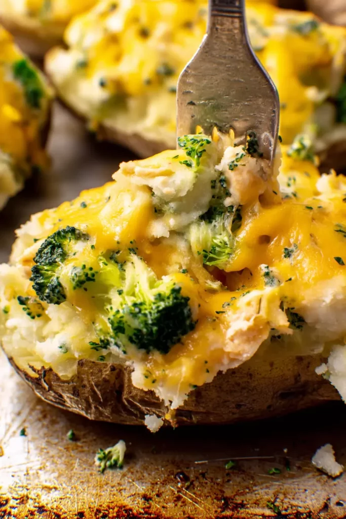 The Truth About Broccoli Cheddar Twice Baked Potatoes 6 Fork scooping creamy broccoli and cheddar filling from a twice baked potato