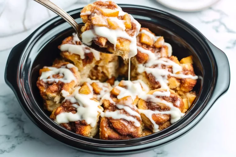 Crock Pot Cinnamon Rolls with Apple That You’ll Love Forever 24 Cinnamon rolls in Crock Pot topped with apples, pecans, and cream cheese glaze