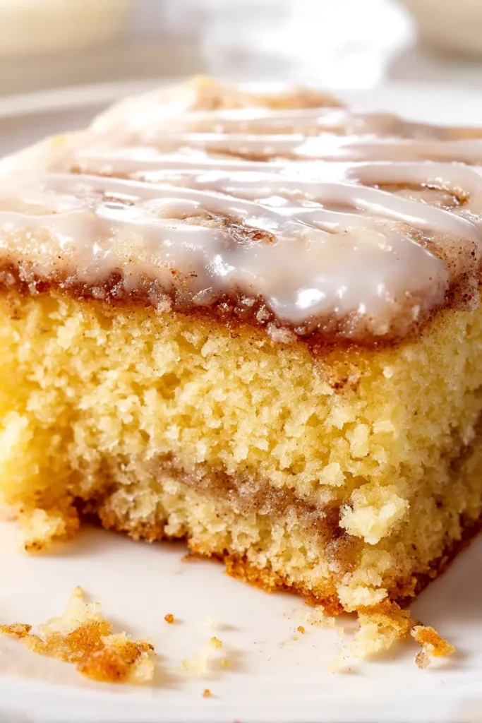 Viral Honey Bun Cake Recipe That’ll Make You Crave More 20 Honey bun cake slice with vanilla icing and cinnamon swirl