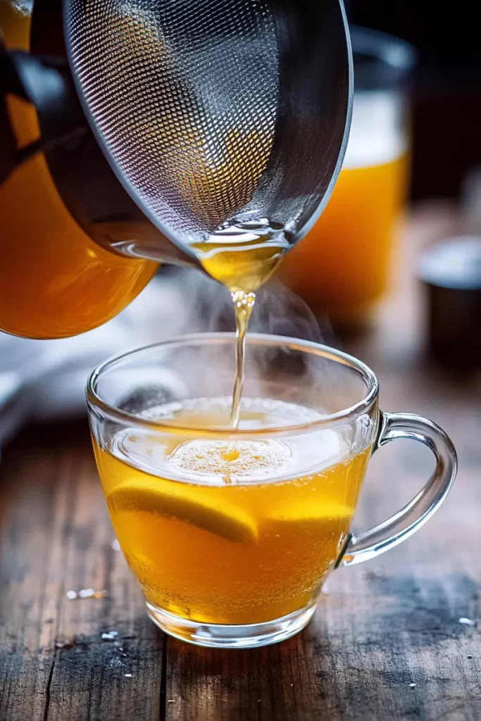 This Apple Cider Vinegar Detox Drink Might Surprise You 9 Straining warm Apple Cider Vinegar Detox Drink into glass mug