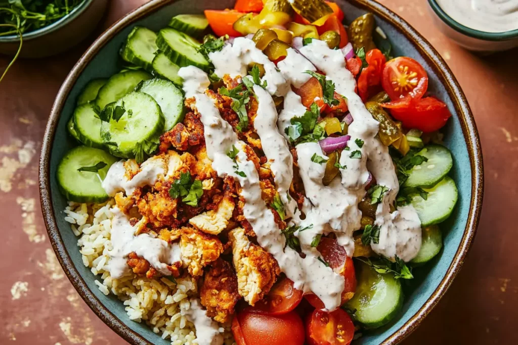 Chicken Shawarma Rice Salad Bowl with Fresh Vegetables