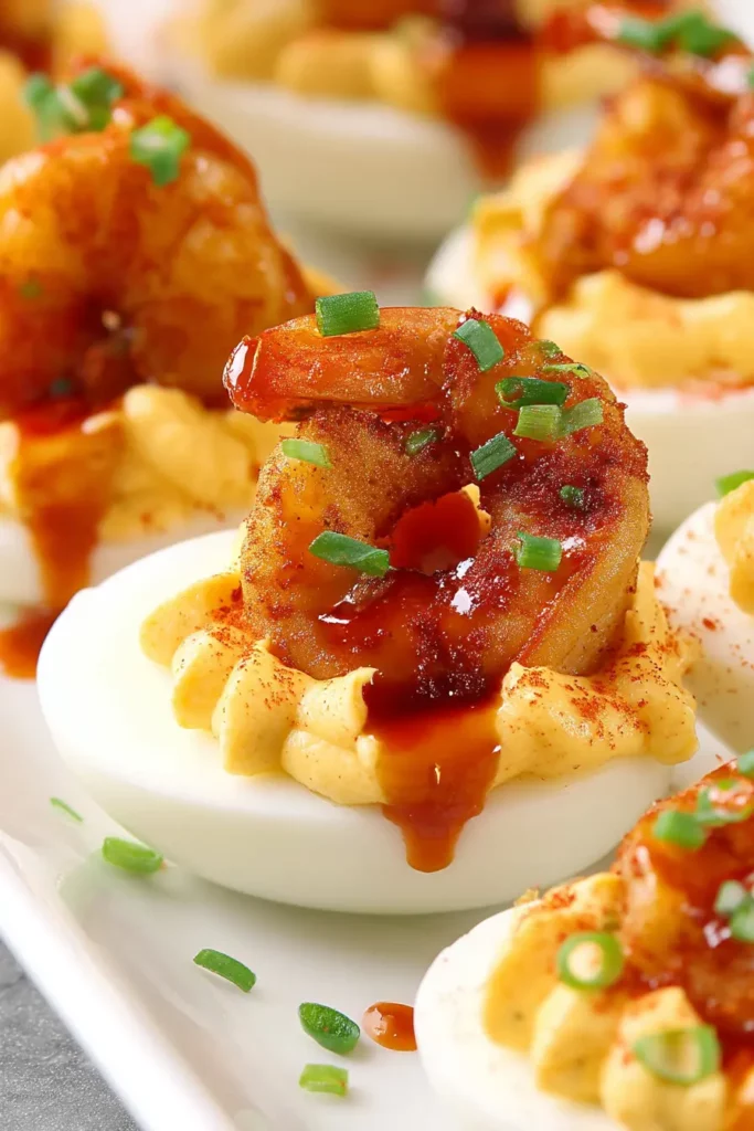 Firecracker Shrimp Deviled Eggs Everyone Will Love Instantly 13 Spicy deviled egg with Cajun shrimp and sweet chili sauce drizzle