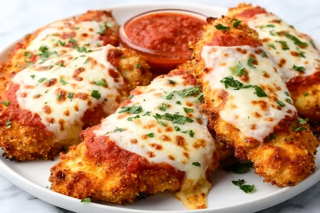 Chicken Parmesan Air Fryer served with marinara sauce and melted cheese