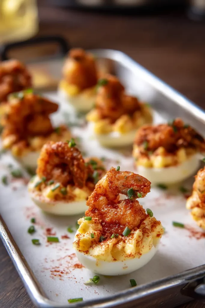 Firecracker Shrimp Deviled Eggs Everyone Will Love Instantly 19 Plated firecracker shrimp deviled eggs on serving tray with lemon garnish