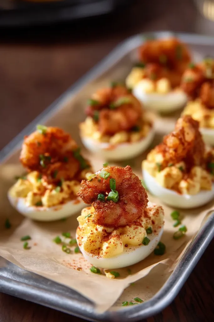 Firecracker Shrimp Deviled Eggs Everyone Will Love Instantly 22 Close-up deviled egg with glazed shrimp and chives