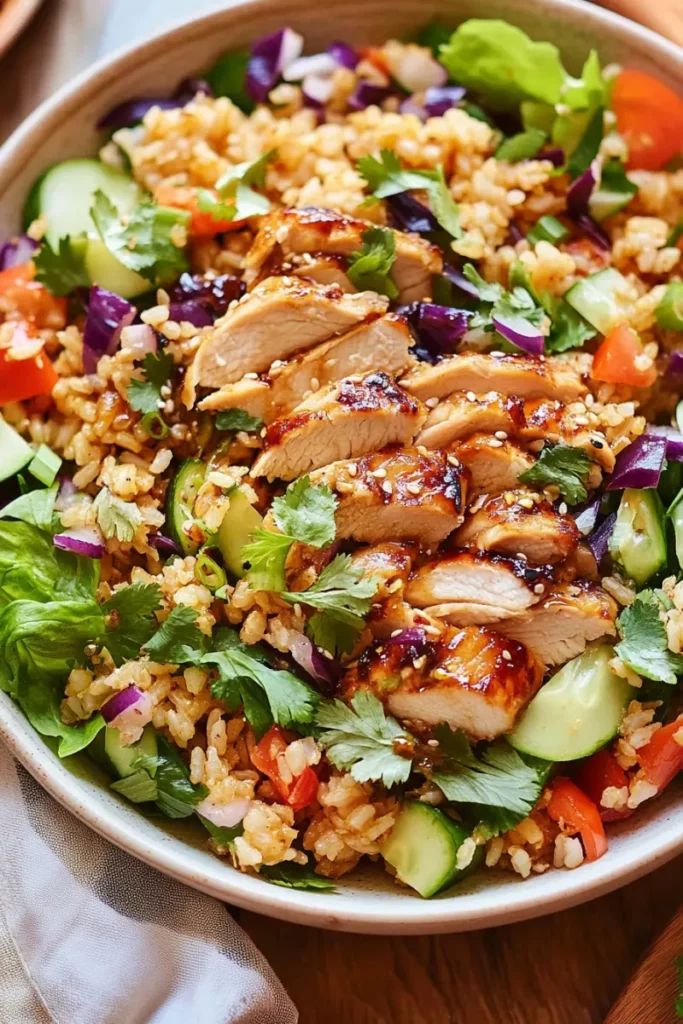 Chicken Shawarma Crispy Rice Salad: 10 Simple Surprises You'll Love 10 Sliced grilled chicken over crispy rice salad with cucumbers and cilantro