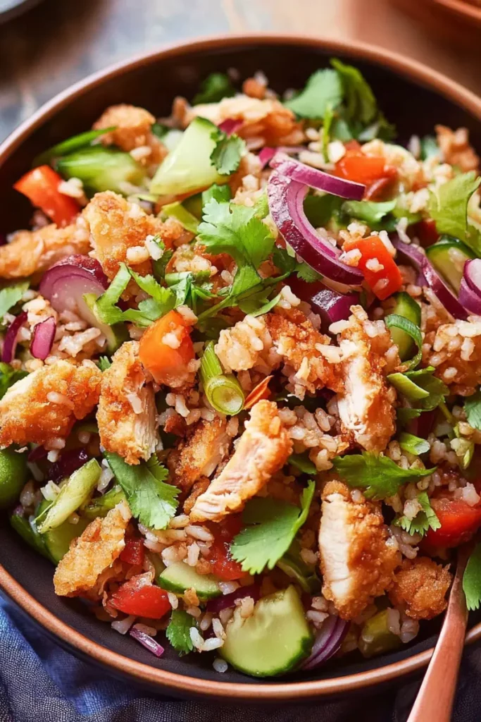 Chicken Shawarma Crispy Rice Salad: 10 Simple Surprises You'll Love 11 Crispy chicken tossed with cucumbers, rice, and red onion in a fresh salad