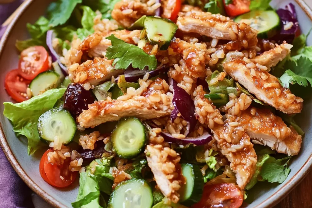 Chicken Shawarma Crispy Rice Salad with fresh cucumbers, tomatoes, and herbs
