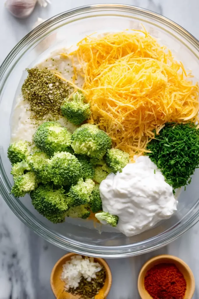 The Truth About Broccoli Cheddar Twice Baked Potatoes 4 Glass bowl with ingredients for broccoli cheddar twice baked potatoes