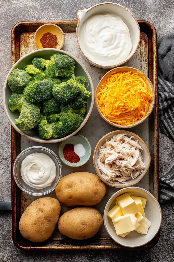The Truth About Broccoli Cheddar Twice Baked Potatoes 2 Ingredients for broccoli cheddar twice baked potatoes on a sheet pan