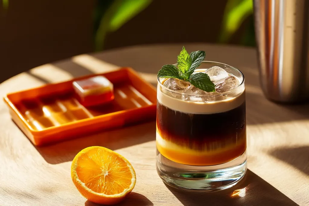 Coffee mocktail with mint and citrus next to ice tray on wood table