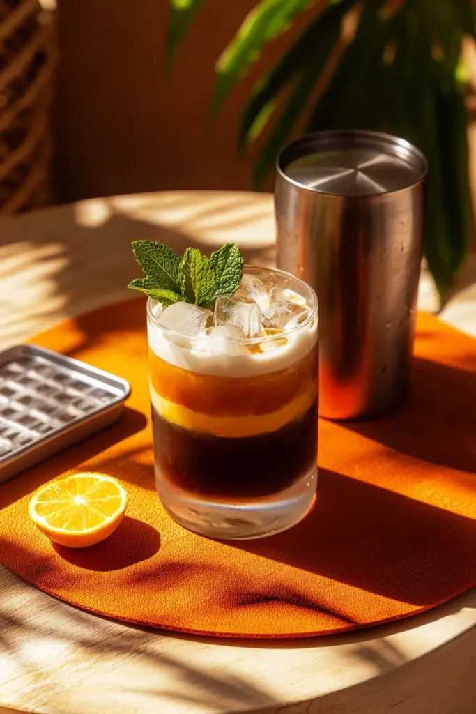 Brazilian Coffee Mocktail: The Hidden Joy You Need 7 Brazilian iced coffee mocktail with foam and mint on orange mat