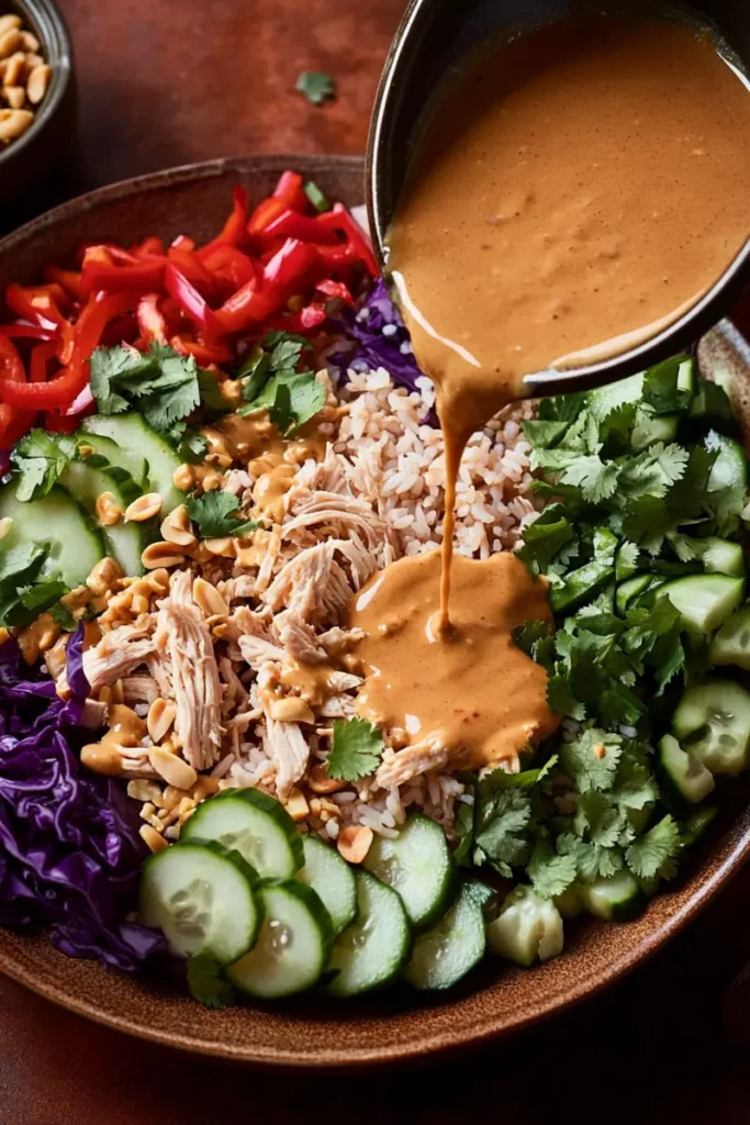 Chicken Shawarma Crispy Rice Salad: 10 Simple Surprises You'll Love 9 Fresh Chicken Shawarma Crispy Rice Salad being topped with creamy tahini sauce