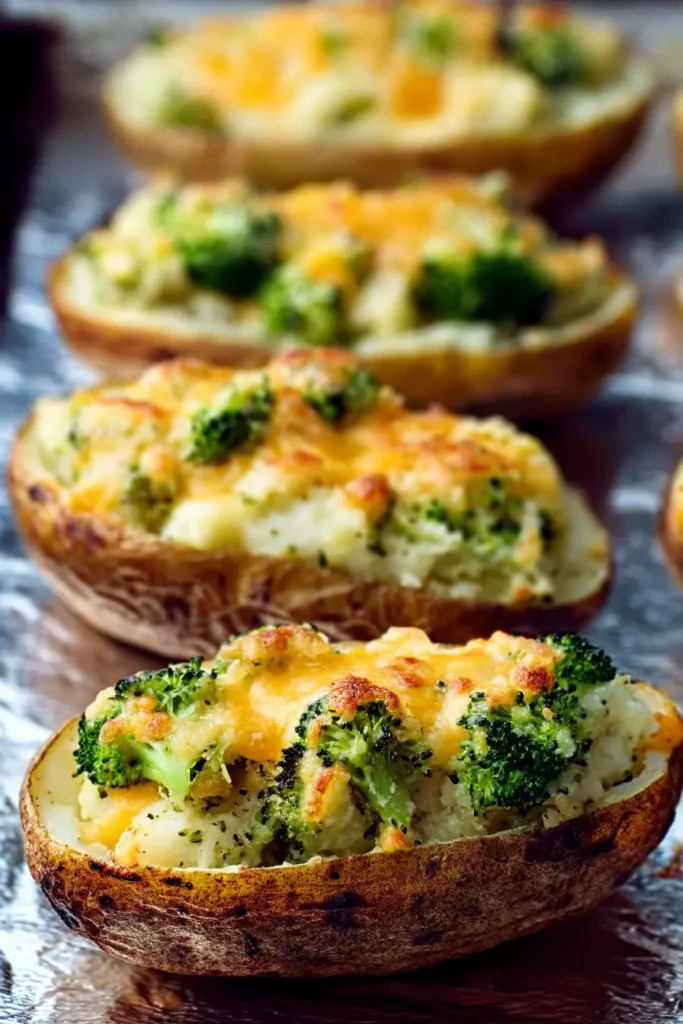 The Truth About Broccoli Cheddar Twice Baked Potatoes 5 Crispy broccoli cheddar twice baked potatoes lined on a foil baking sheet