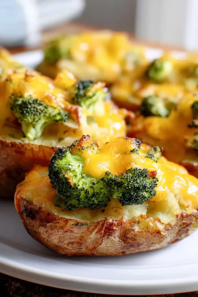 The Truth About Broccoli Cheddar Twice Baked Potatoes 3 Broccoli cheddar twice baked potatoes on a white plate with golden cheese