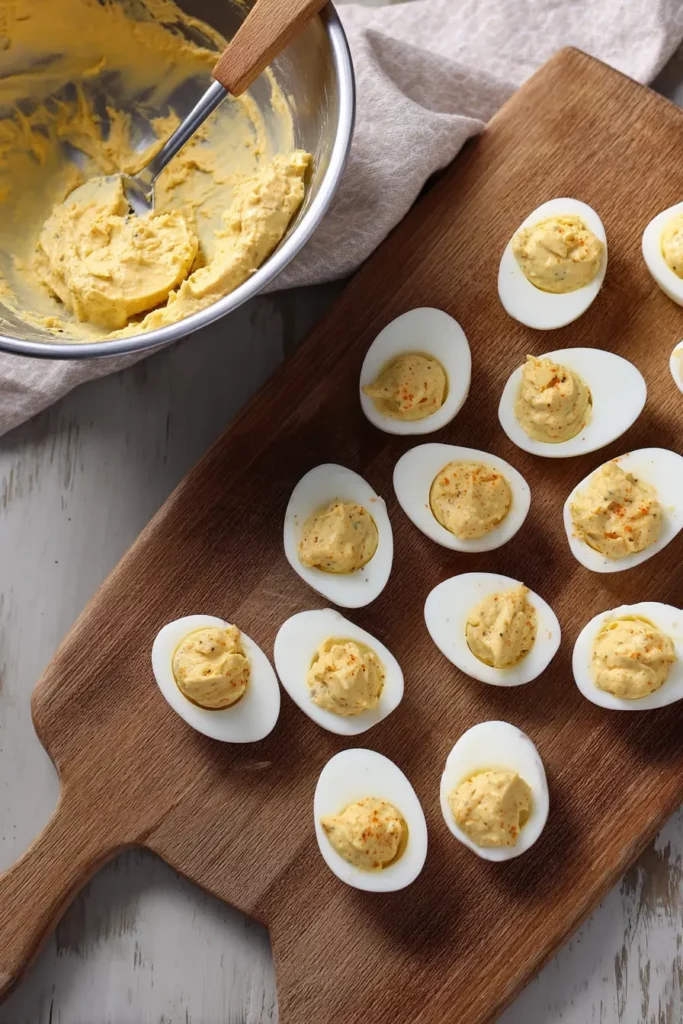 Firecracker Shrimp Deviled Eggs Everyone Will Love Instantly 20 Preparing deviled egg filling with creamy yolk mixture and scooped eggs