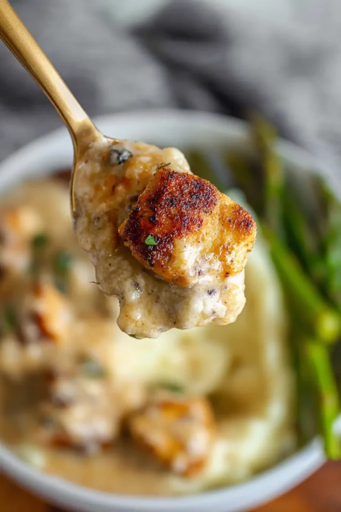Garlic Parmesan Chicken and Gravy 17 Creamy garlic parmesan chicken bite on a spoon
