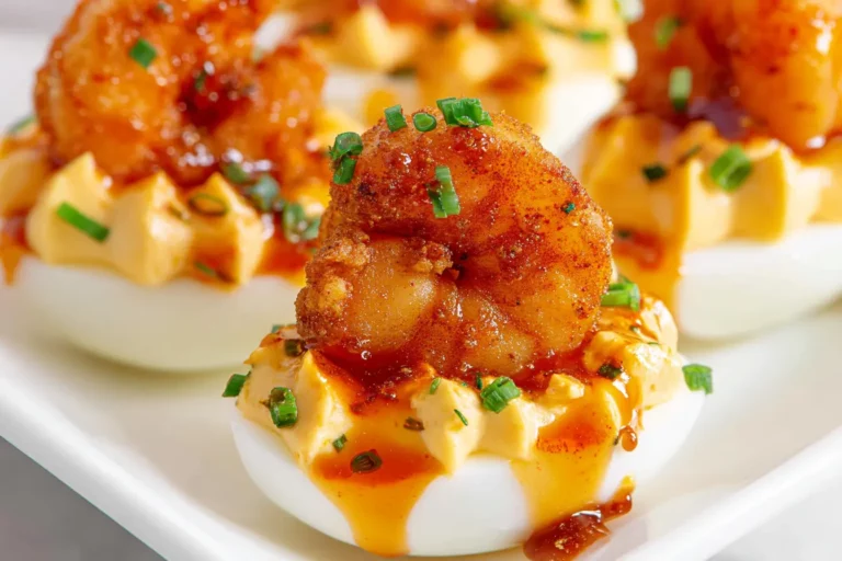 Firecracker Shrimp Deviled Eggs Everyone Will Love Instantly 24 Firecracker shrimp deviled egg topped with crispy glazed shrimp, chives, and paprika