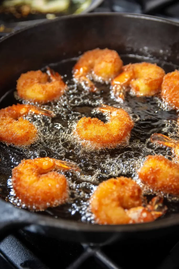 Firecracker Shrimp Deviled Eggs Everyone Will Love Instantly 18 Cajun shrimp frying in cast iron skillet for firecracker deviled eggs