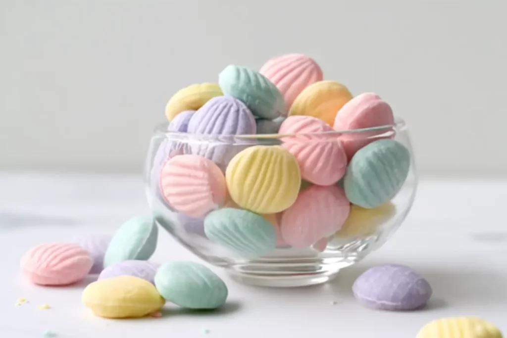 Colorful cream cheese mints in enamel bowl on wood slice