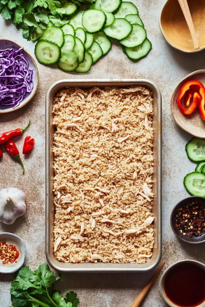 Chicken Shawarma Crispy Rice Salad: 10 Simple Surprises You'll Love 8 Sheet pan of crispy rice with shredded chicken surrounded by salad toppings