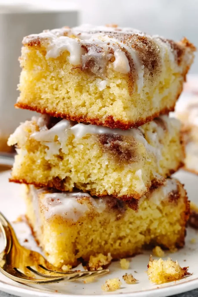 Viral Honey Bun Cake Recipe That’ll Make You Crave More 22 Stack of moist honey bun cake slices with icing drizzle