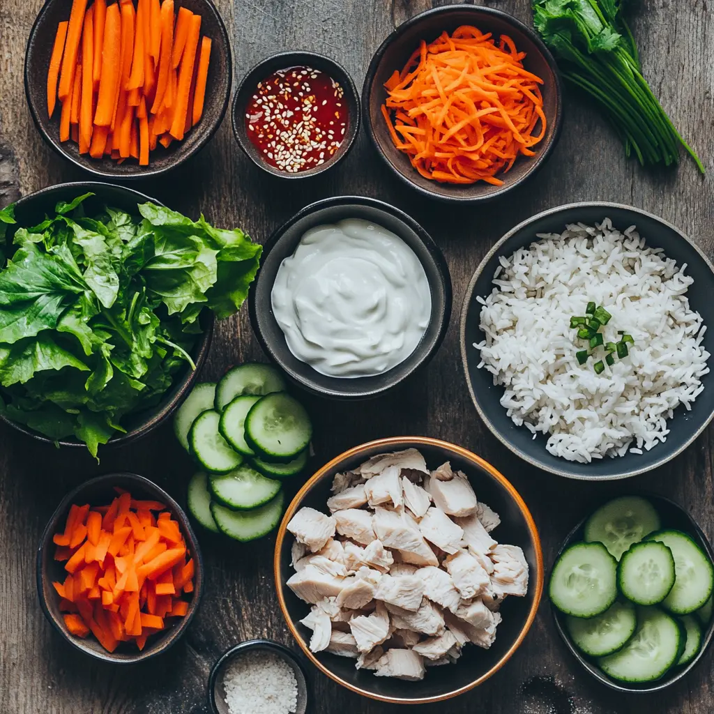 Healthy Bang Bang Chicken Bowl Recipe – Ready in 20 Minutes! 1 bang bang chicken bowl ingredients laid out flat on table