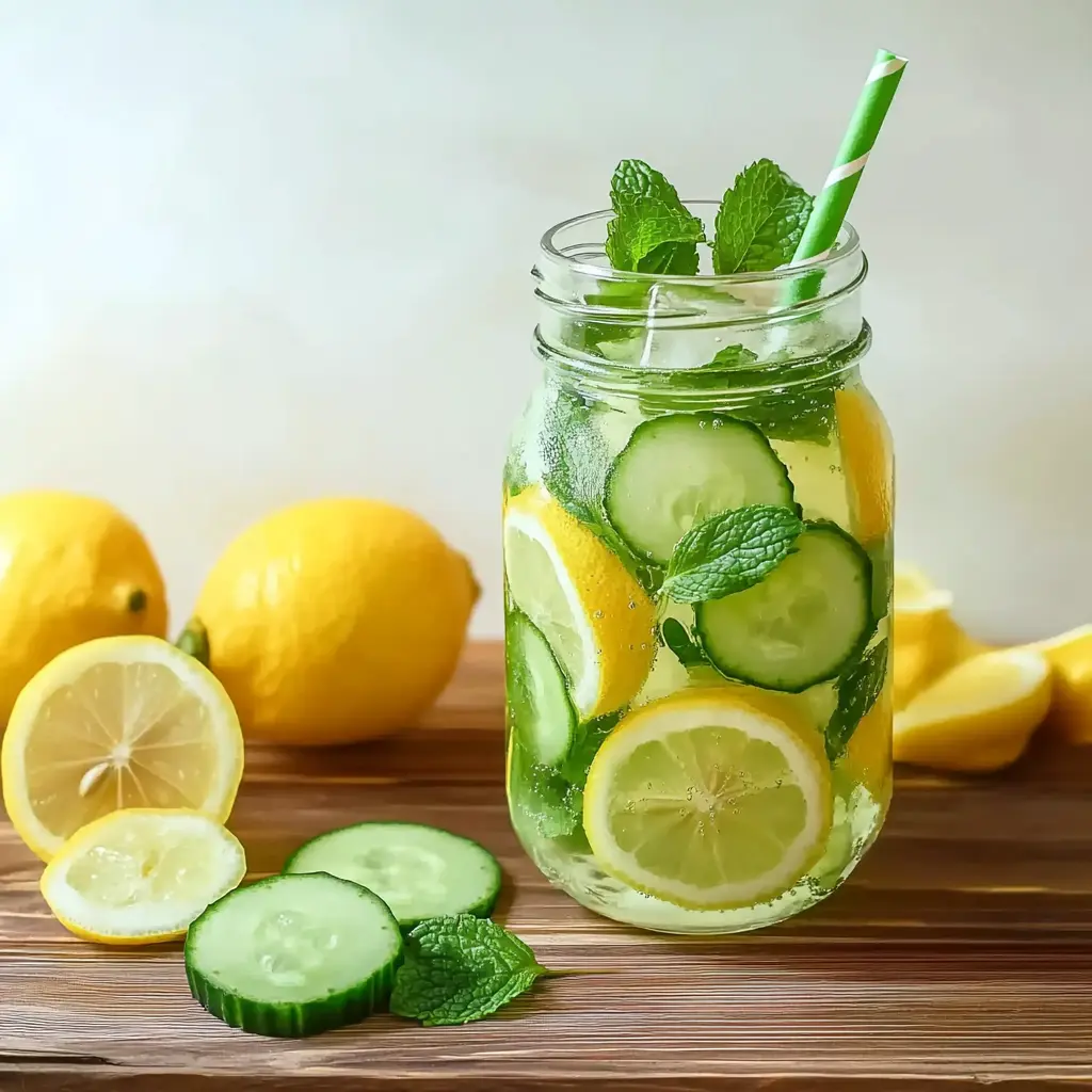 low calorie weight loss lemon cucumber mint water in a mason jar with straw