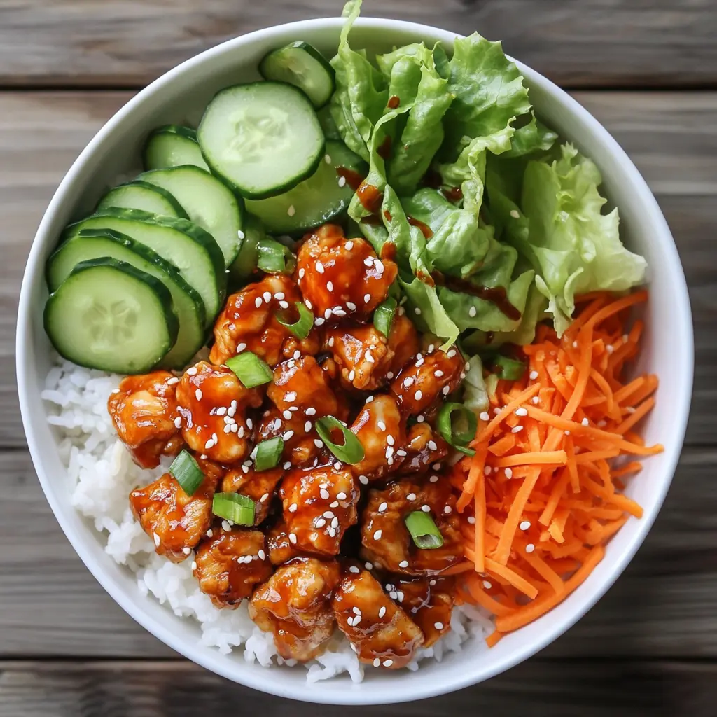 healthy bang bang chicken bowl with rice, vegetables, and chili sauce