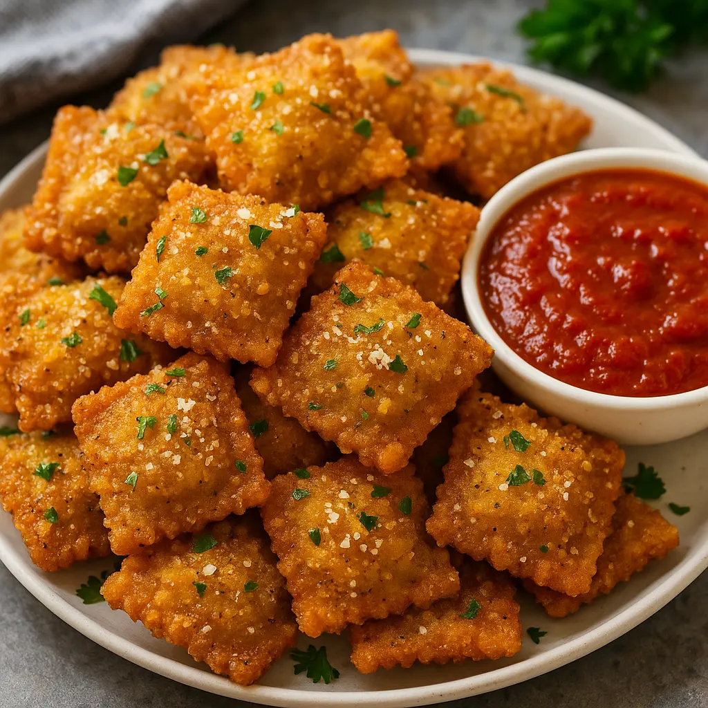 Fried ravioli served hot with marinara dipping sauce