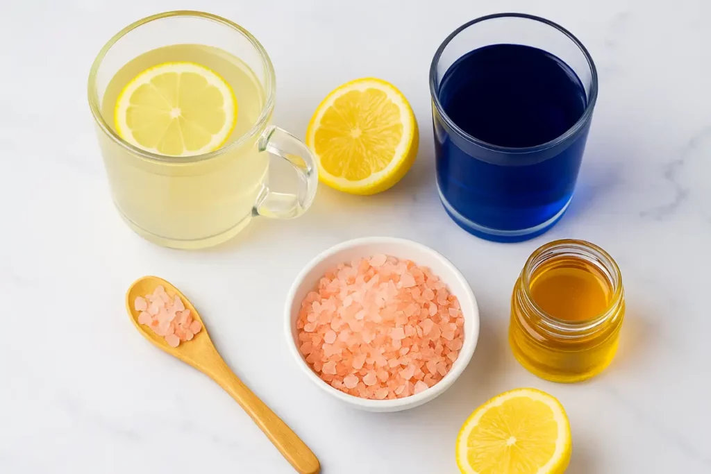 Natural Mounjaro Recipes ingredients with lemon, pink Himalayan salt, and herbal tea