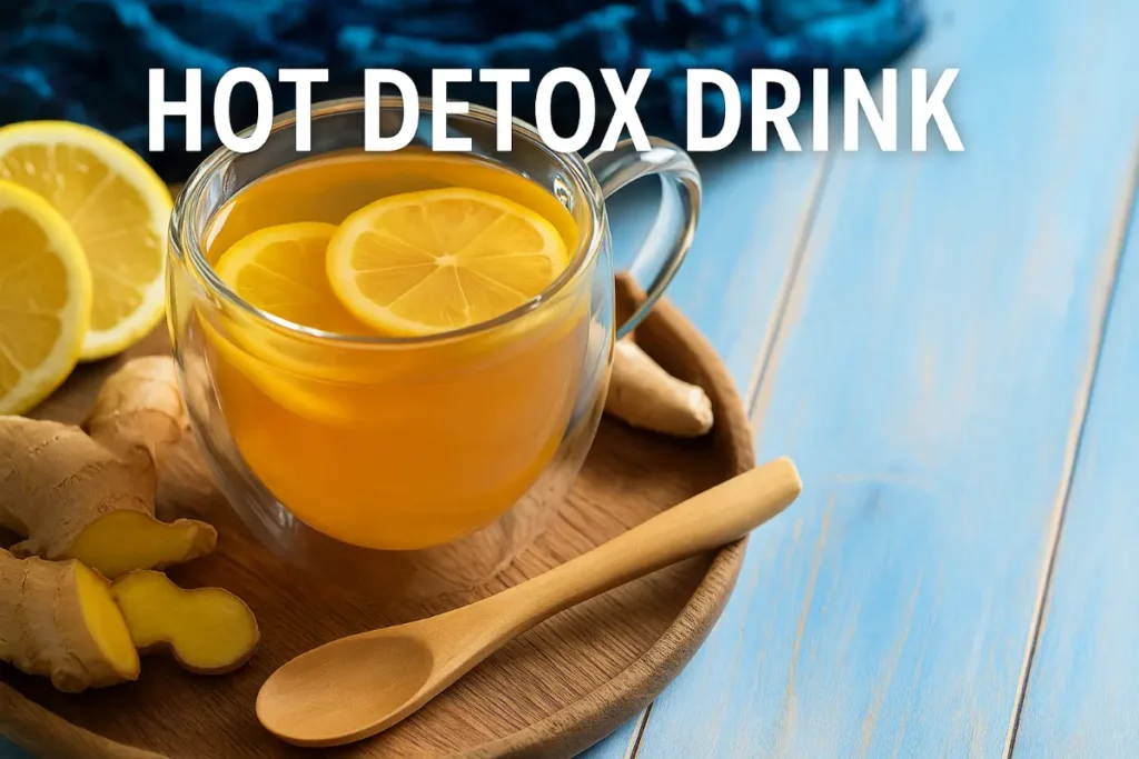 hot detox drink with lemon and ginger in a glass mug