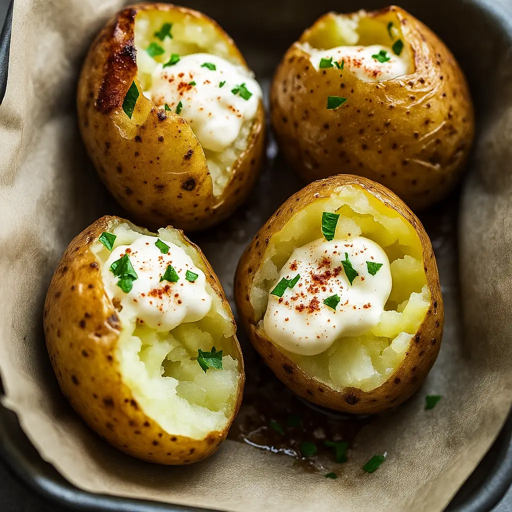oven roasted potatoes topped with sour cream and parsley