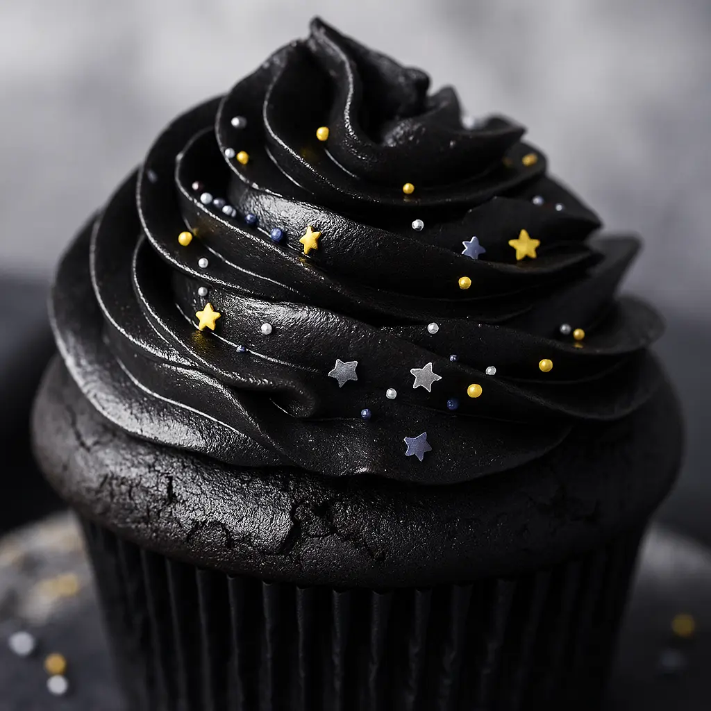 Black icing buttercream frosting on a chocolate cupcake with sprinkles